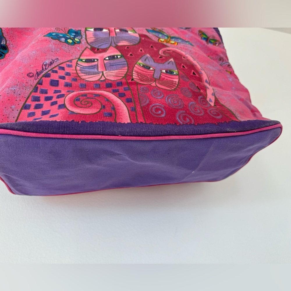 Laurel Burch Cat Tote large handbag pink purple beaded water resistant lined - Picture 2 of 11